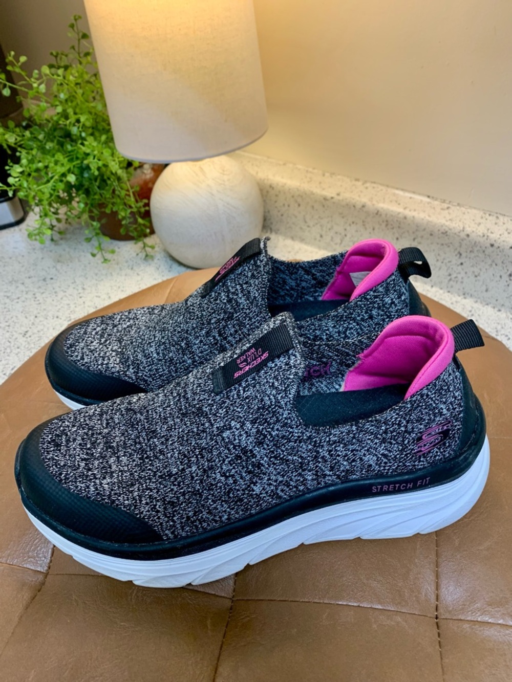 Skechers Women’s Slip-On Knit Walking Shoes — Black with Pink Interior